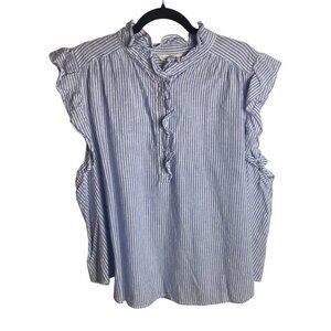 H&M 2X Ruffle Trimmed Linen Blend Pin Striped Blouse Nautical Preppy Blue White